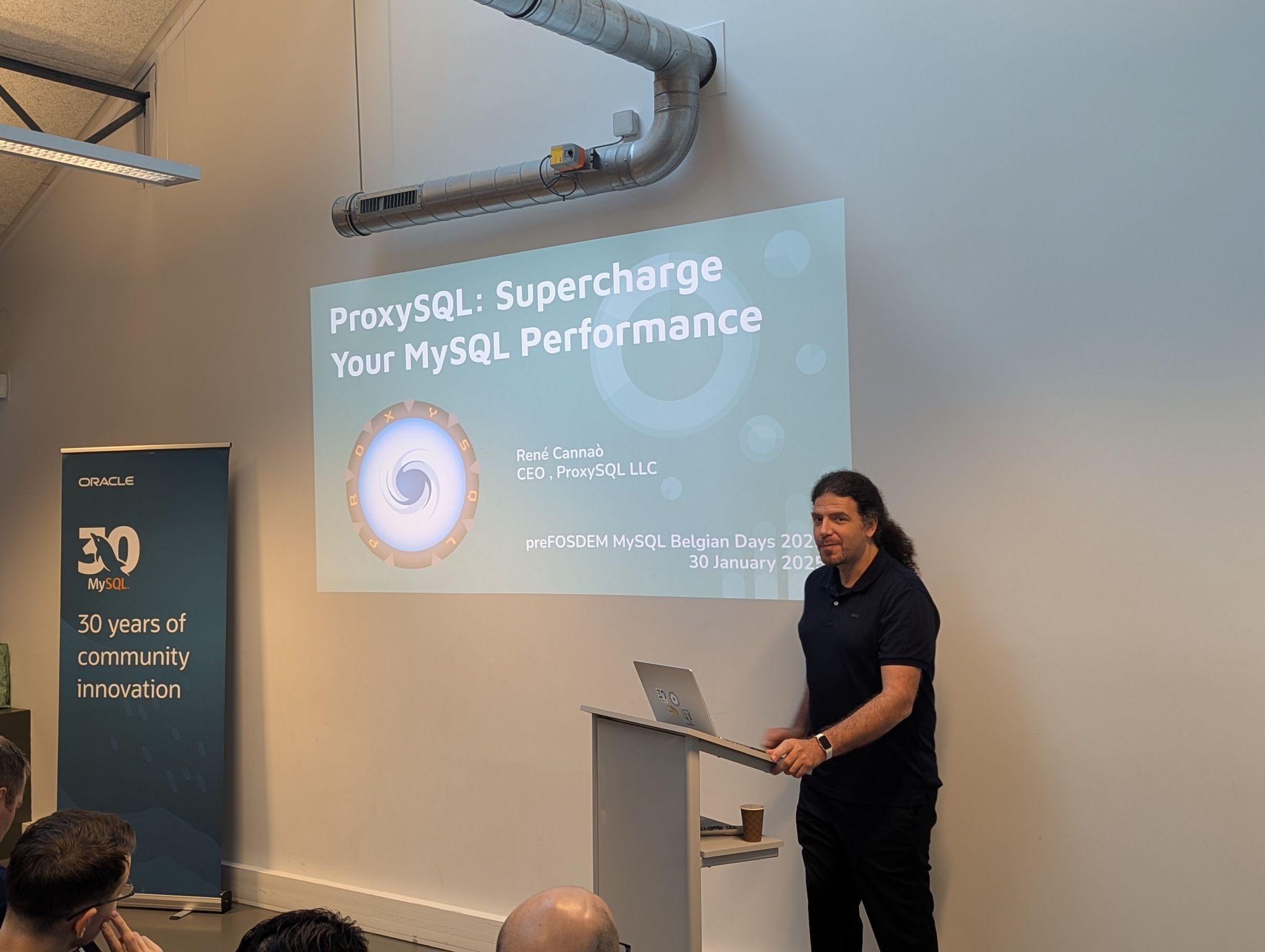 René Cannaò presenting ProxySQL: Supercharge Your MySQL Performance at preFOSDEM MySQL Belgian Days 2025